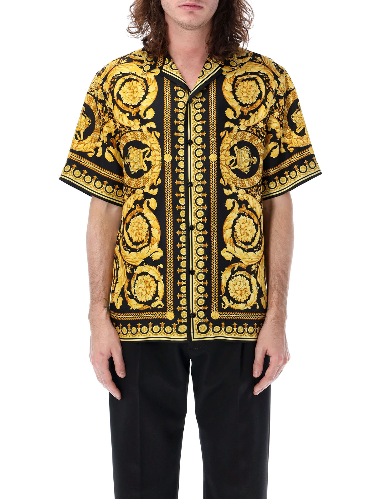 VERSACE Baroque Print Silk Button-Down Shirt, Size 50