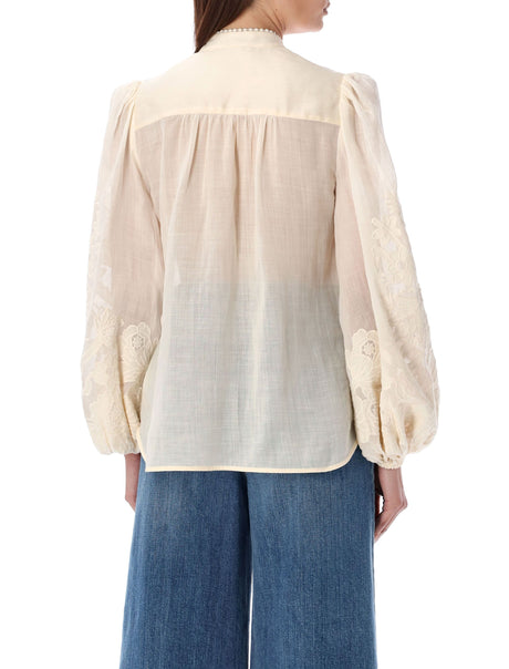 ZIMMERMANN Classic Embroidered Linen Blouse for Women in White | Long Sleeve Mandarin Collar Shirt