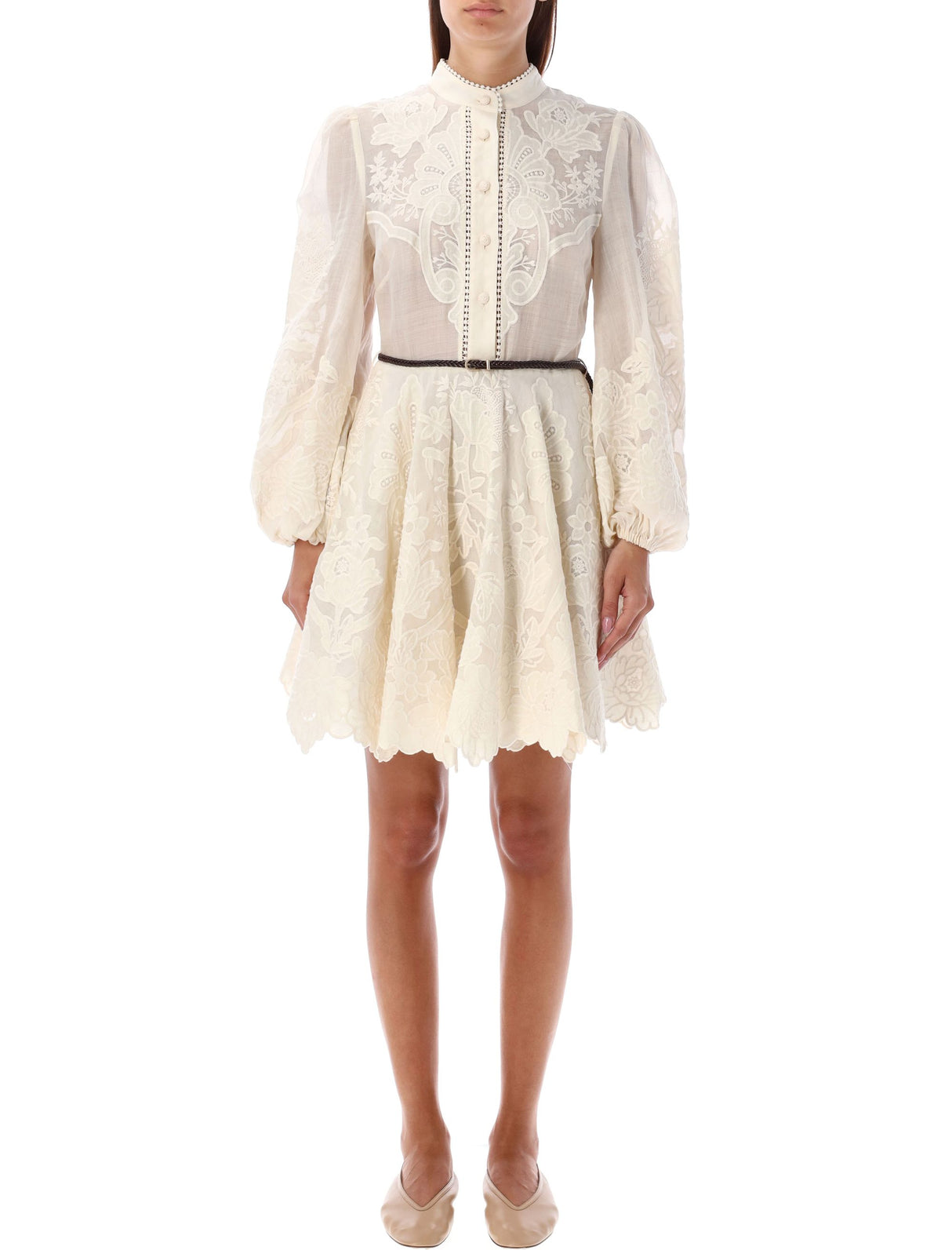 ZIMMERMANN Elegant Lace Mini Dress with Long Sleeves and Belt