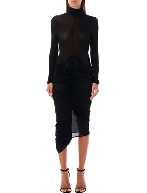 MAGDA BUTRYM Elegant Sheer Turtleneck Midi Dress with Floral Emblem