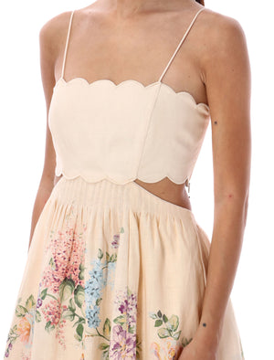 ZIMMERMANN Floral Midi Dress with Waist Cut Outs and Embroidered Scalloped Edging