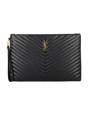 SAINT LAURENT Elegant Quilted Leather Mini Pouch with Iconic Logo - 9.6x14.4 inches