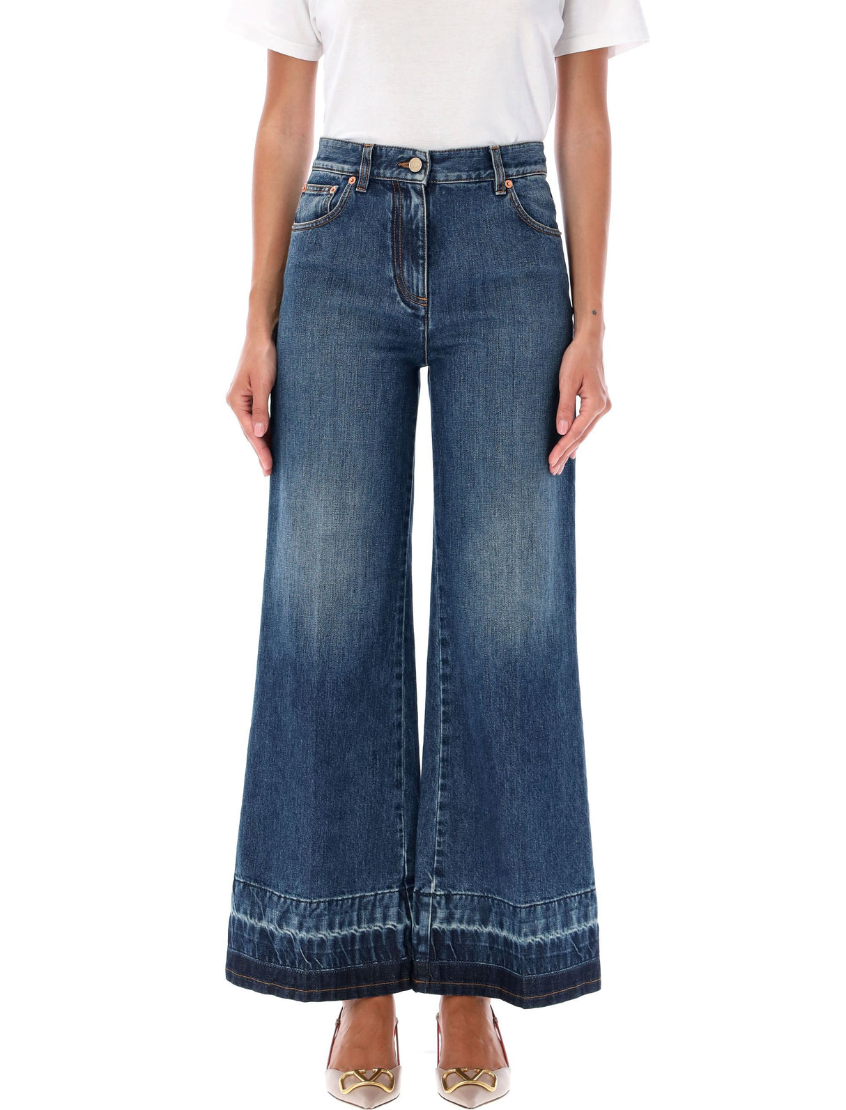 VALENTINO GARAVANI Chic Wide-Leg Cropped Jeans with Gold Accents