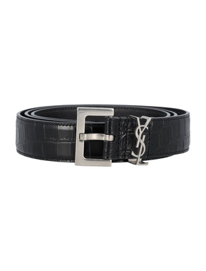 SAINT LAURENT Luxury Croc-Embossed Leather Belt 3cm - Silver-tone Buckle