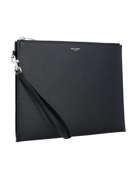 SAINT LAURENT Elegant Grain of Poudre Mini Zip Pouch with Wrist Strap - 8.3"x11"x0.2"