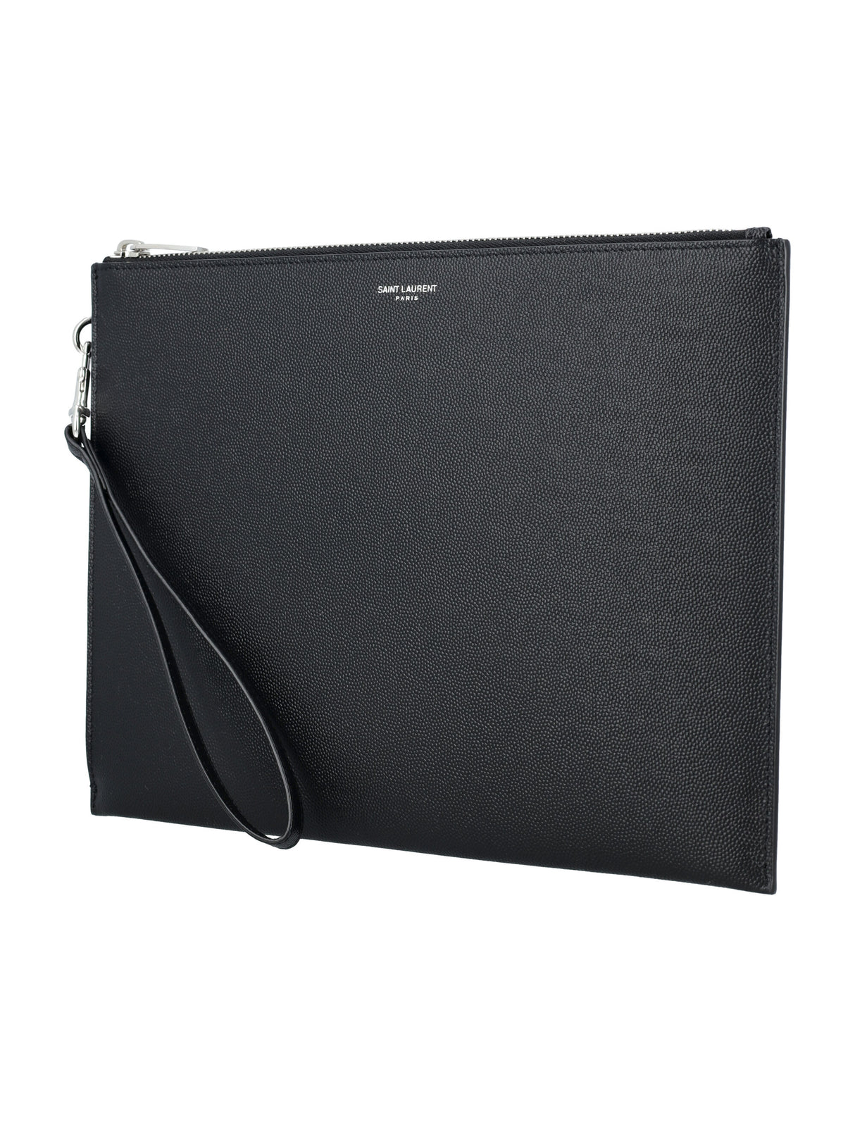 SAINT LAURENT Elegant Grain of Poudre Mini Zip Pouch with Wrist Strap - 8.3"x11"x0.2"