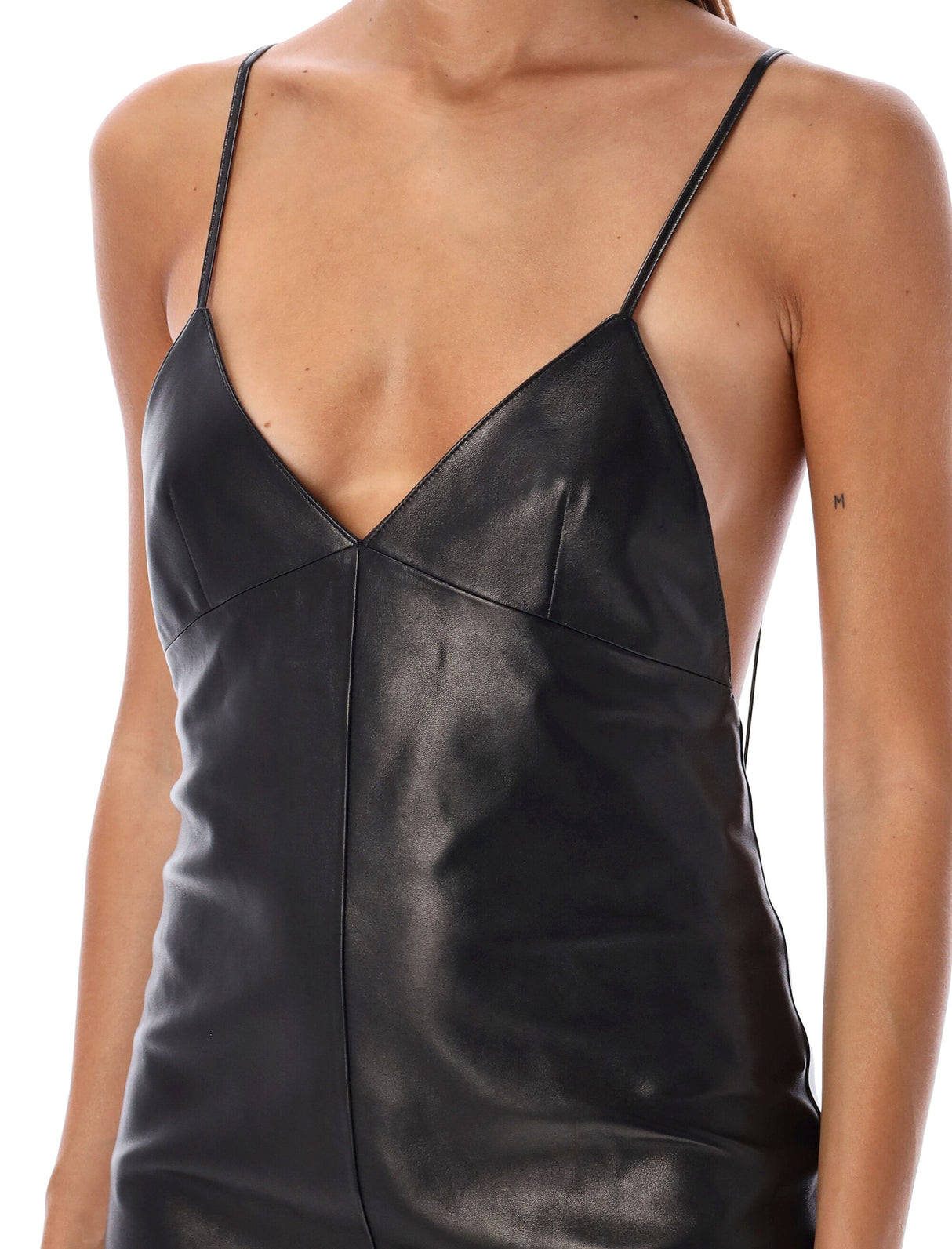 SAINT LAURENT Elegant Leather Mini Dress with Deep V-Neck