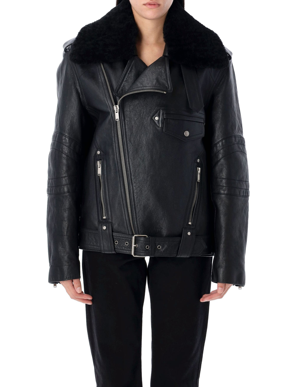 SAINT LAURENT Women's Biker Leather Jacket with Removable Collar - Size 38