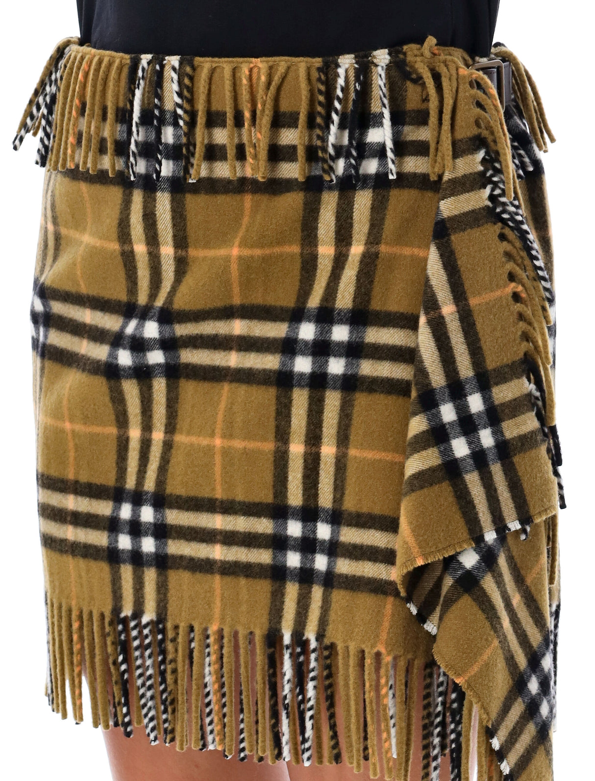 BURBERRY Check Wool Cashmere Fringed Skirt - Size S