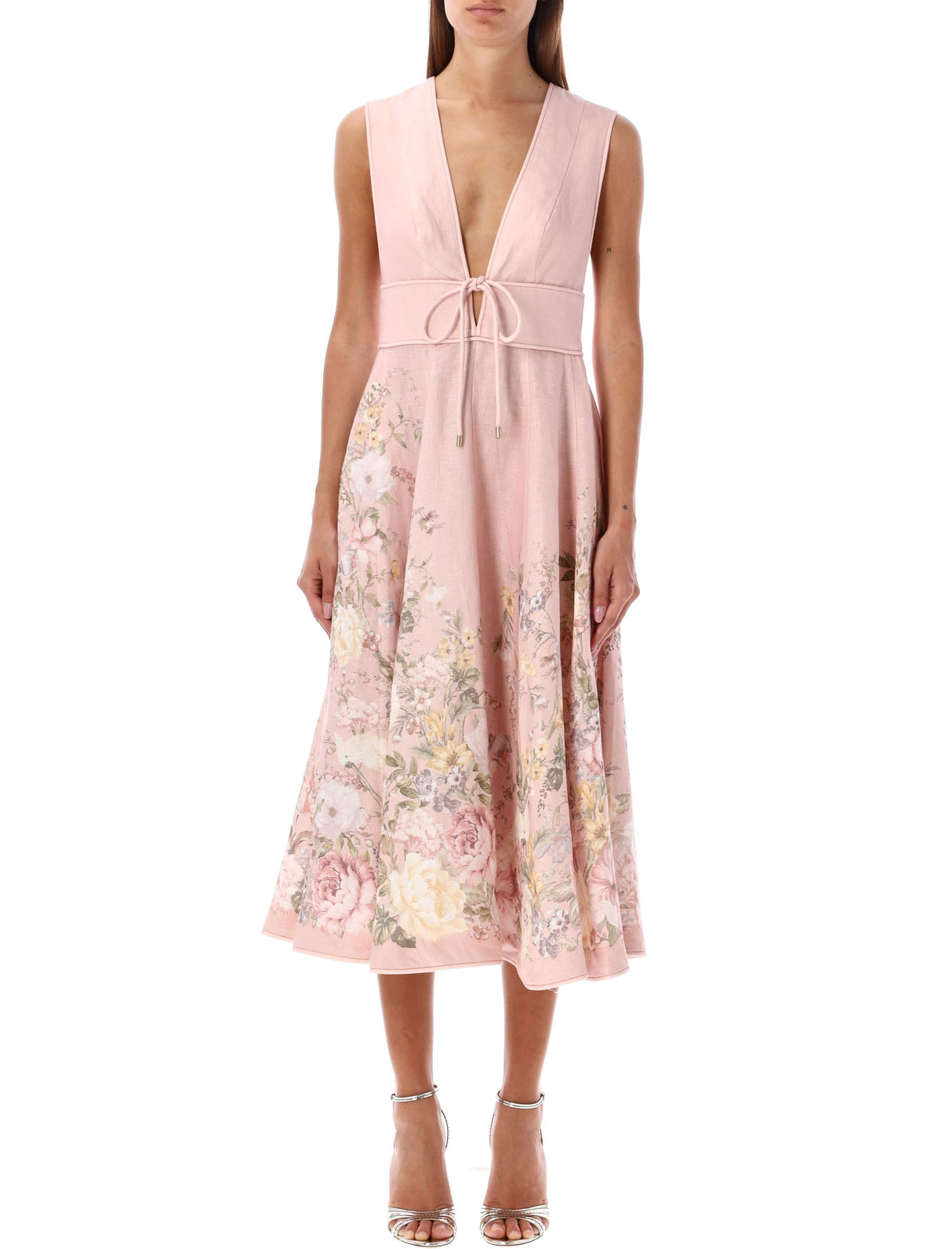 ZIMMERMANN Elegant Floral Linen Midi Dress with Bow Detail