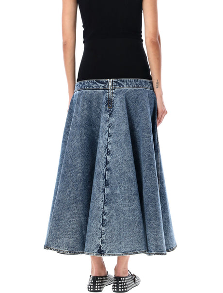 ALAIA Denim Godet Midi Skirt with High-Waisted Belt and Flared Design for Women