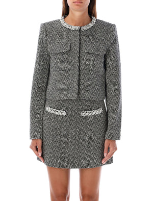 SELF-PORTRAIT Elegant Herringbone Tweed Cropped Jacket with Mini Skirt