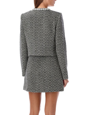 SELF-PORTRAIT Elegant Herringbone Tweed Cropped Jacket with Mini Skirt