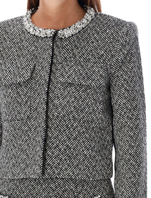 SELF-PORTRAIT Elegant Herringbone Tweed Cropped Jacket with Mini Skirt