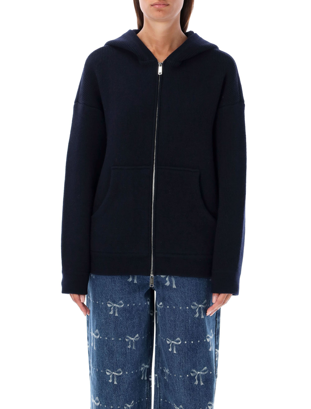 SELF-PORTRAIT Chic Navy Knit Hoodie with Front Zipper