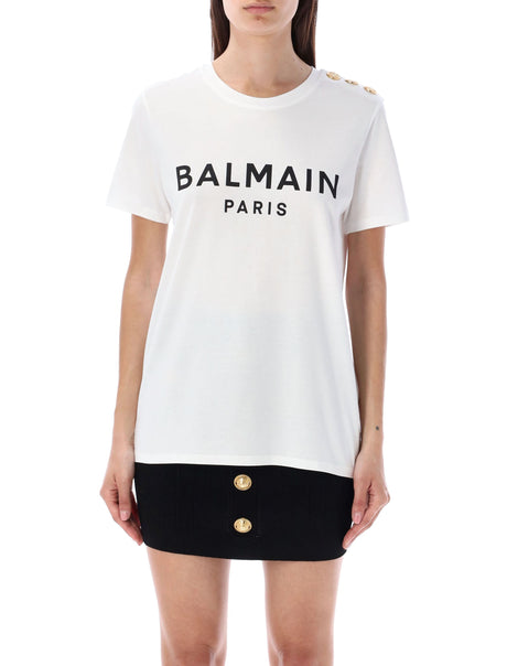 BALMAIN Parisian Chic Flocked Designer T-Shirt with Gold-Tone Accents