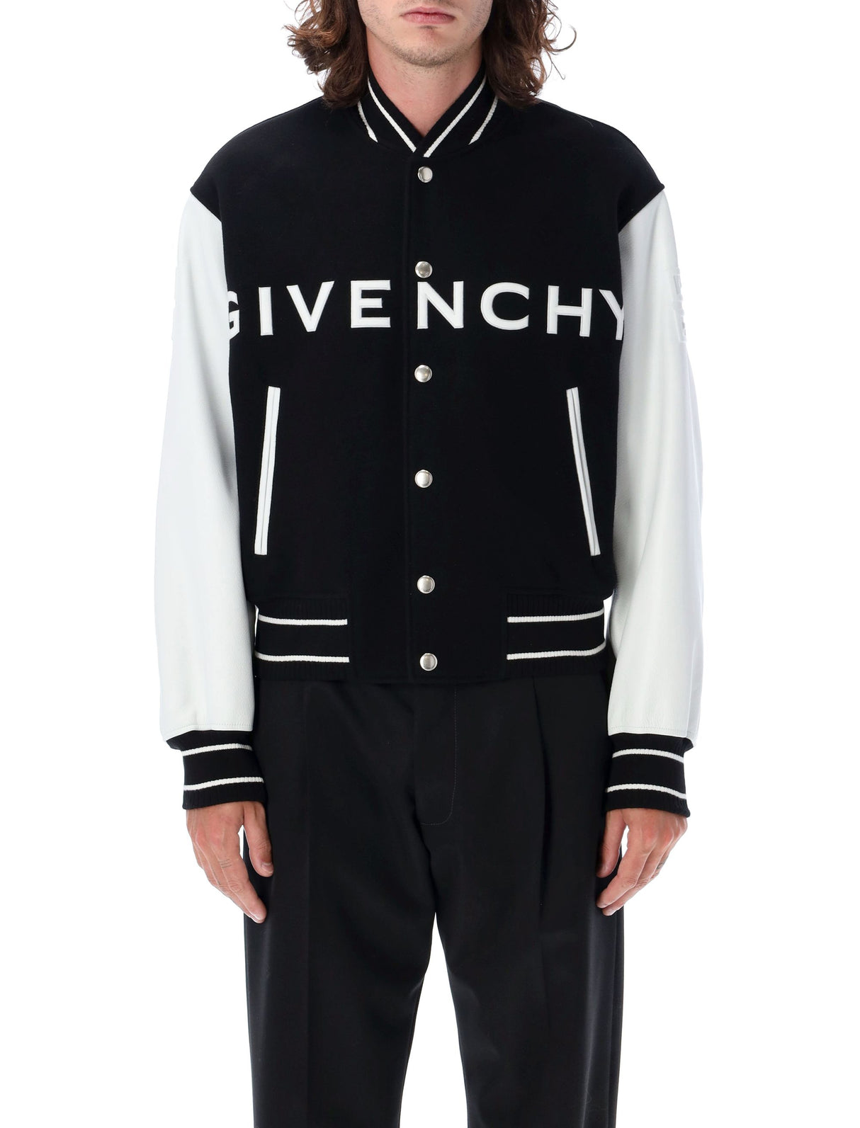 GIVENCHY Classic Varsity Bomber Jacket with Faux Leather Sleeves - Size L