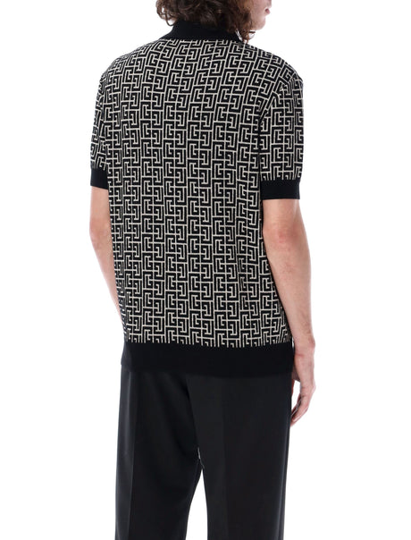 BALMAIN Monogram Knit Polo with Classic Point Collar