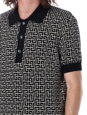 BALMAIN Monogram Knit Polo with Classic Point Collar