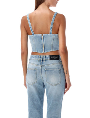 BALMAIN Chic Light-Wash Denim Bustier Top