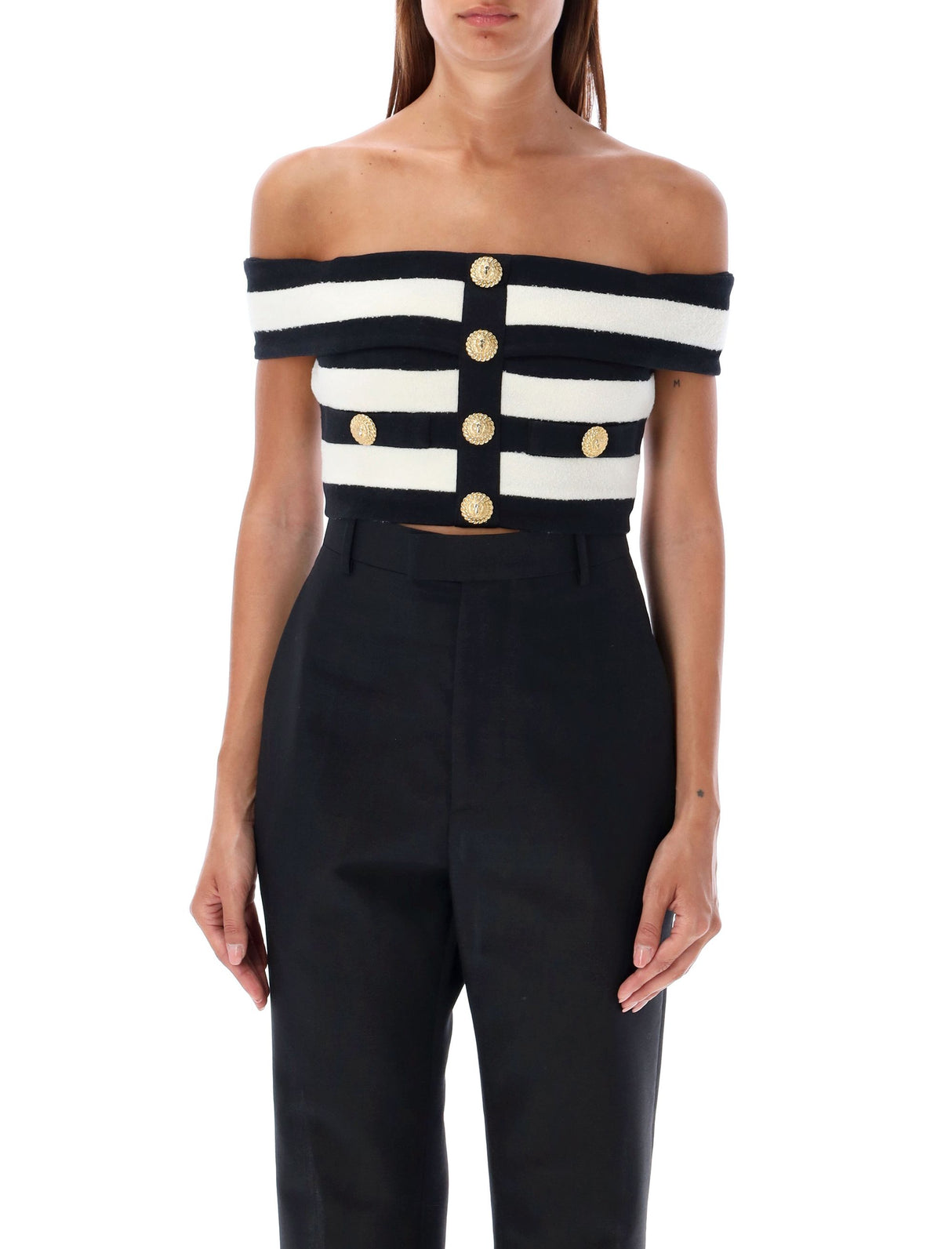 BALMAIN Chic Striped Off-the-Shoulder Top