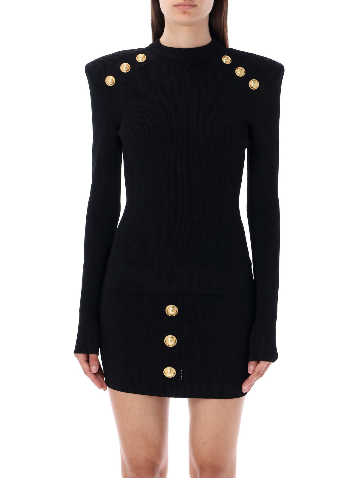 BALMAIN Feminine Black Knit Sweater with Gold-Tone Buttons for Women by a High-End Designer Brand