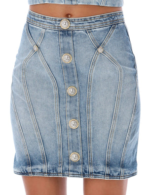 BALMAIN Chic Light-Wash Denim Mini Skirt