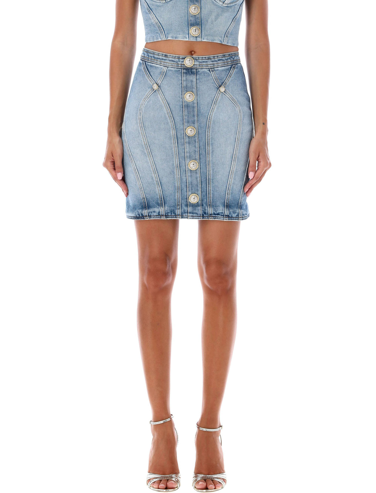 BALMAIN Chic Light-Wash Denim Mini Skirt