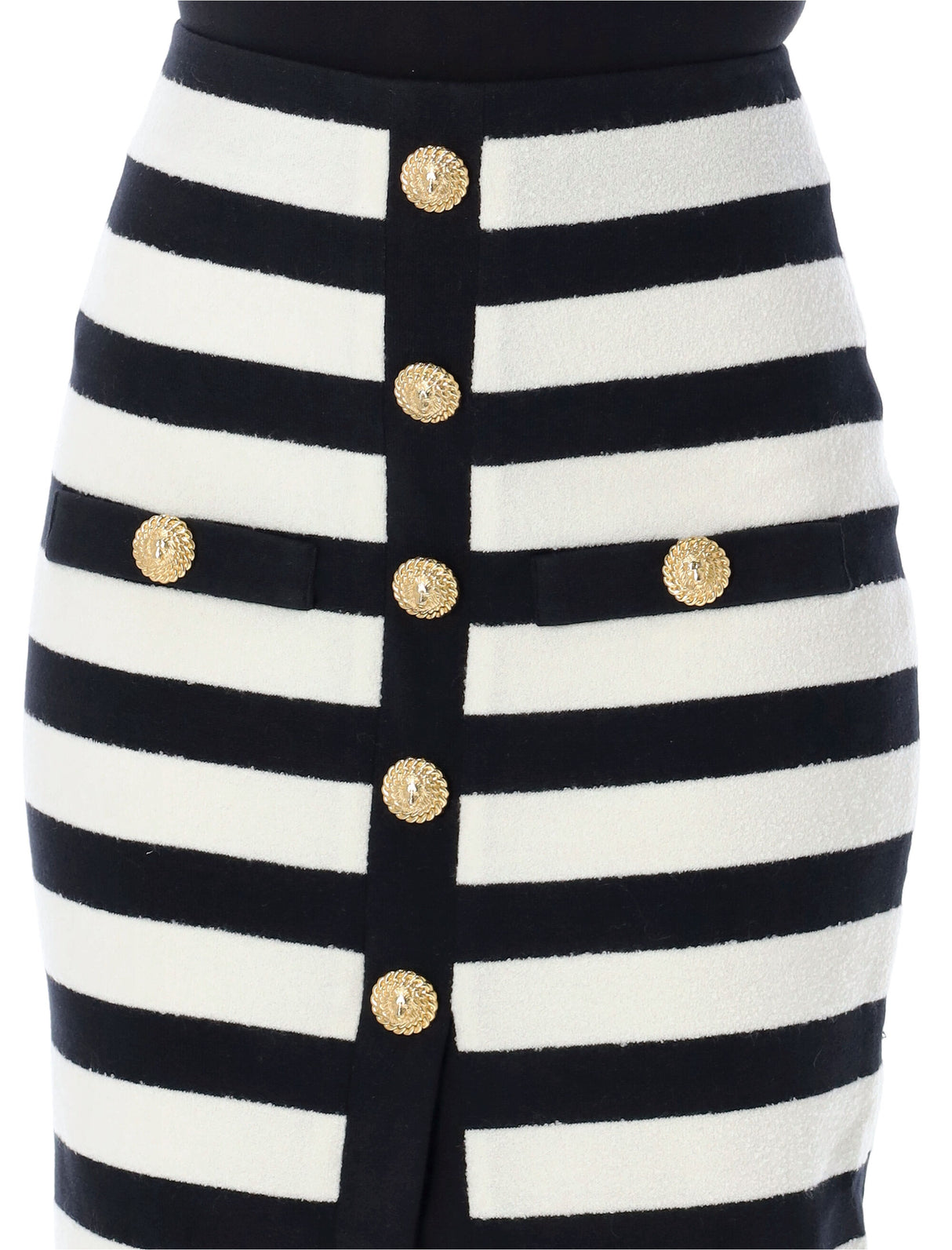 BALMAIN Elegant Striped Midi Skirt with Decorative Lion Head Buttons