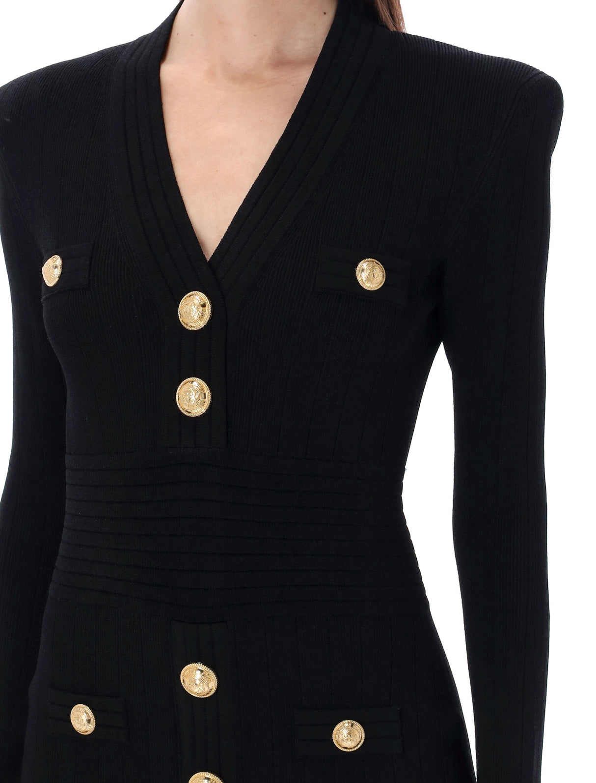 BALMAIN Chic Structured Shoulder Mini Dress with Golden Accents