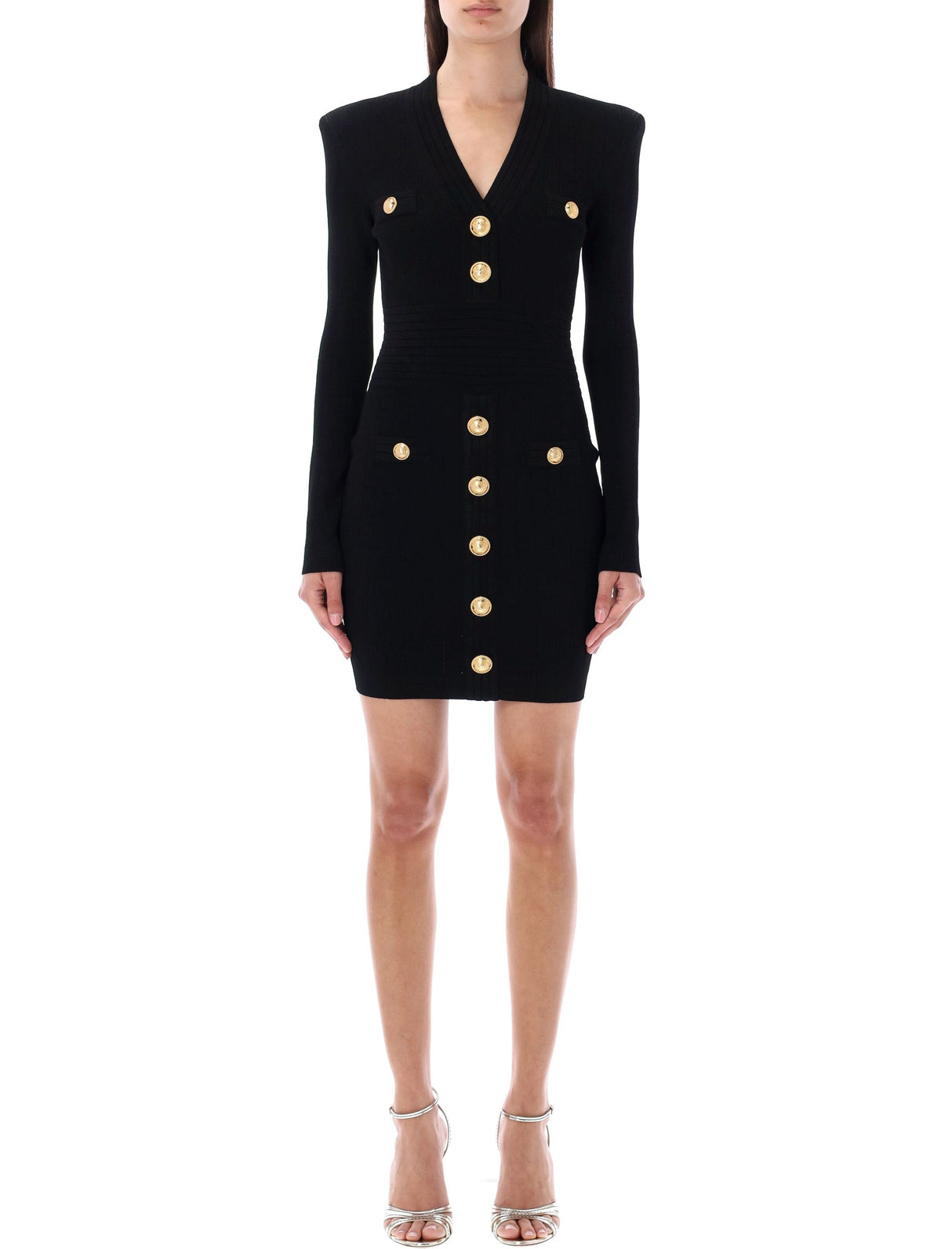 BALMAIN Chic Structured Shoulder Mini Dress with Golden Accents