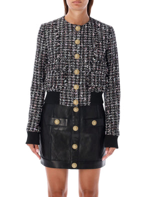 BALMAIN Chic Cropped Tweed Bomber Jacket with Metallic Accents