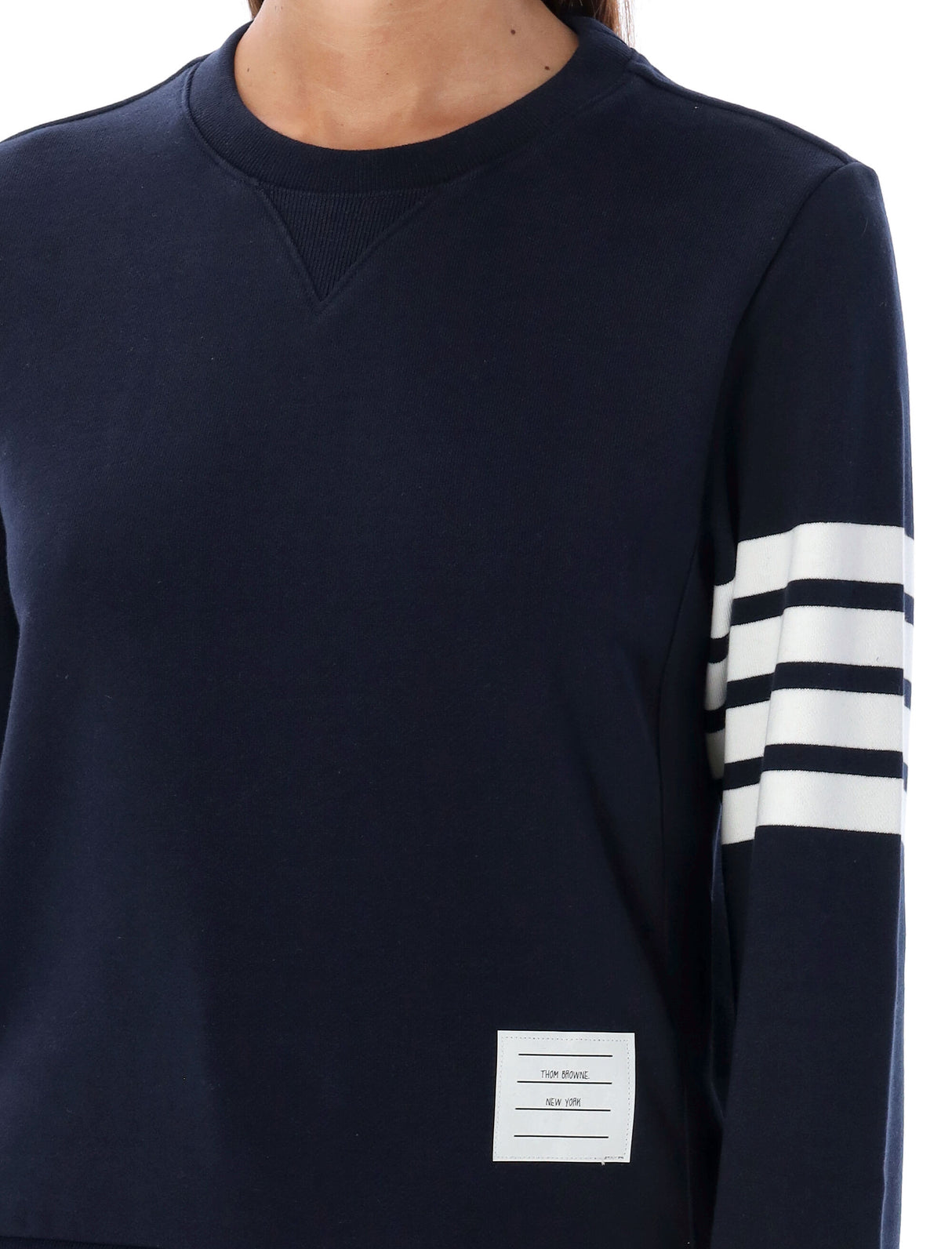 THOM BROWNE Elegant Navy Crewneck Sweatshirt with Iconic Stripe Detail