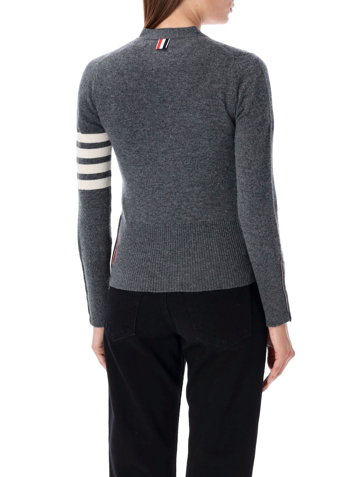 THOM BROWNE Elegant V-Neck Cashmere Cardigan with Signature Stripe