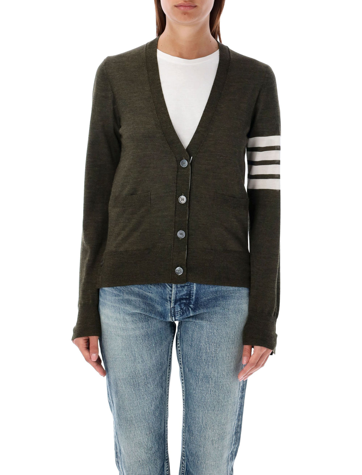 THOM BROWNE Relaxed Fit V-Neck Wool Cardigan