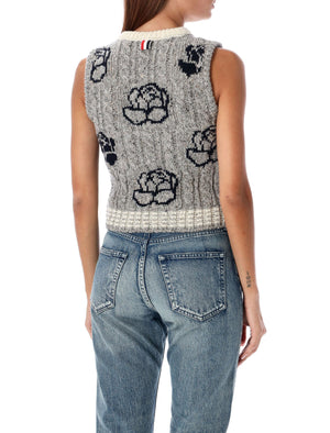 THOM BROWNE Elegant Rose Intarsia Cropped Knit Sweater