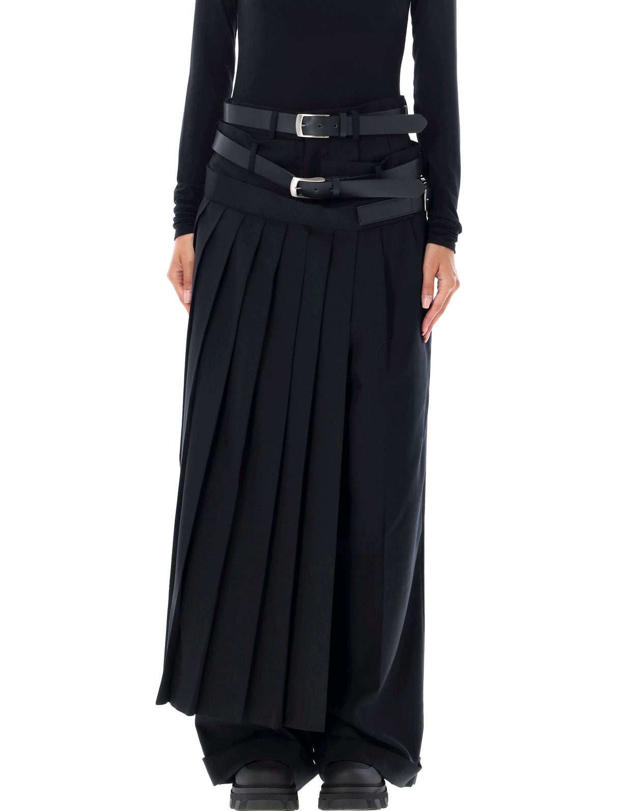 JUNYA WATANABE Womens High-Waisted Wide-Leg Pleated Pants with Faux Leather Belt - Size M