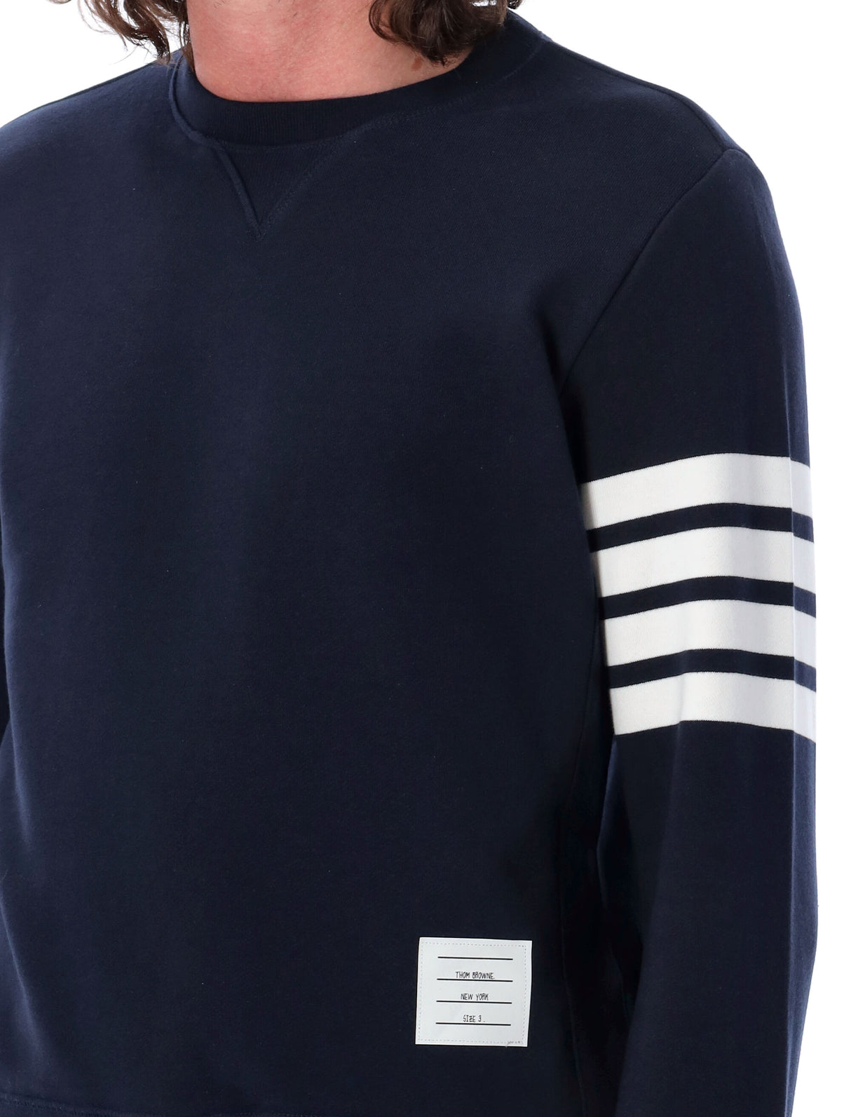 THOM BROWNE Classic Navy Crewneck Sweater with Signature Stripes