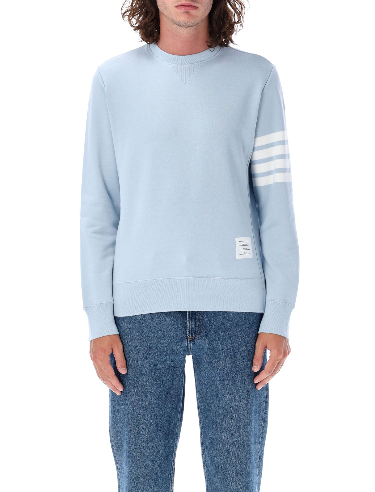 THOM BROWNE Classic Crewneck Sweater with Iconic Stripe Detail - Size 4