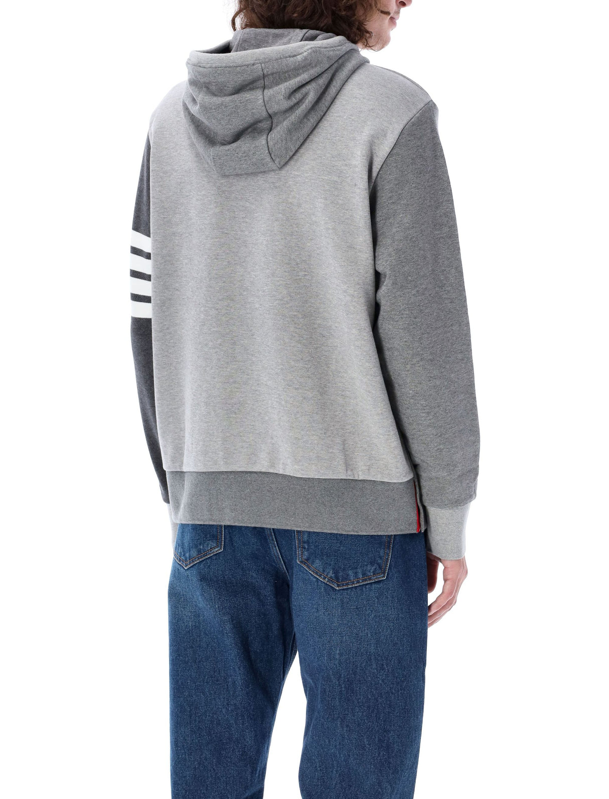 THOM BROWNE Men's Tonal Grey Cotton Hoodie Pullover with Contrast Details