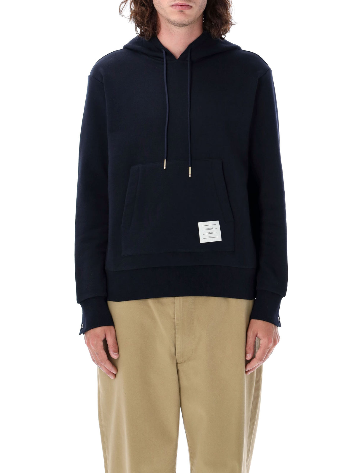 THOM BROWNE Navy Striped Cotton Pullover Hoodie with Pouch Pocket