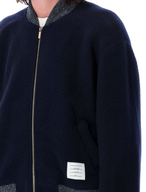 THOM BROWNE Navy Wool Bomber Jacket with Signature Stripe