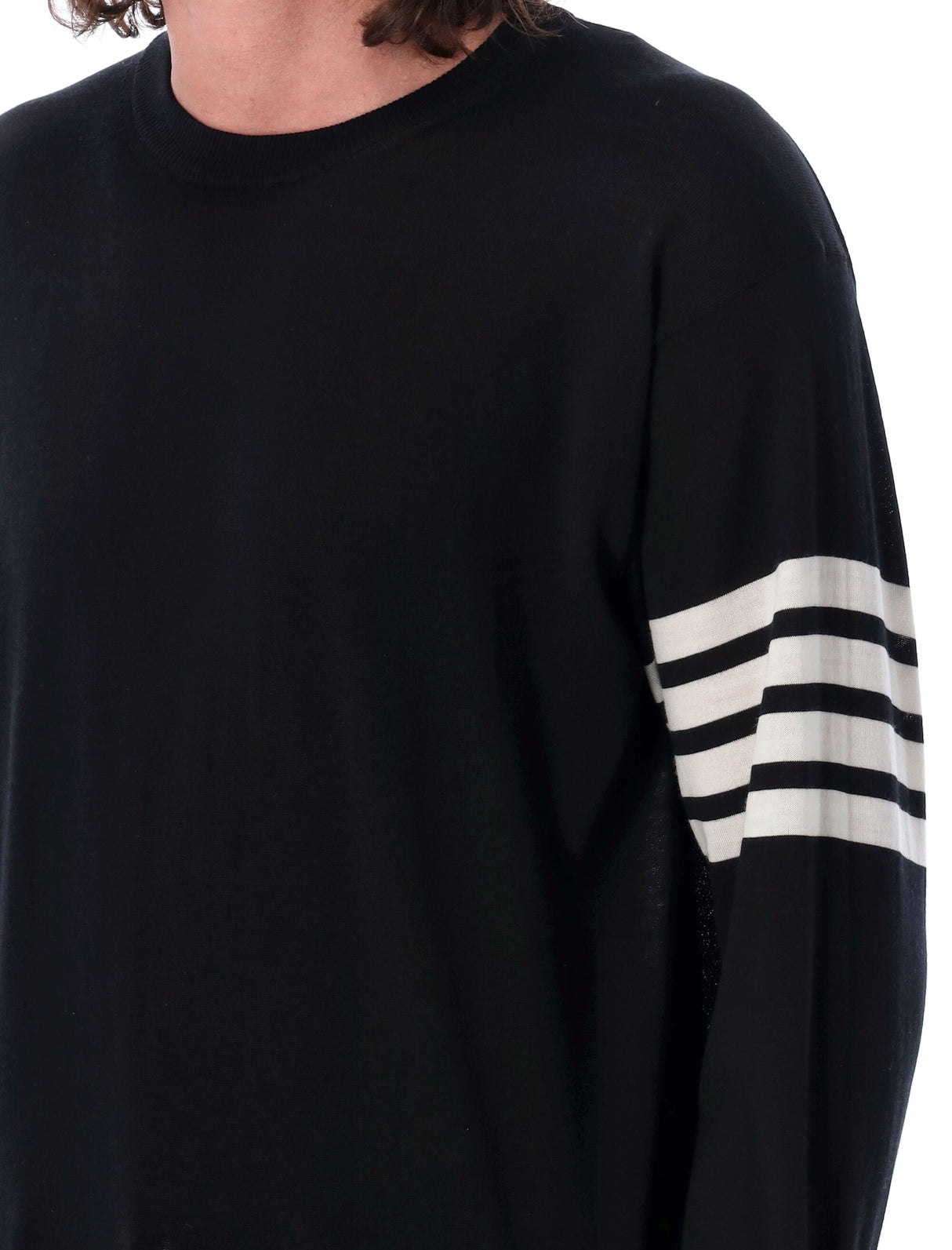 THOM BROWNE Classic Crew Neck Wool Sweater with Stripe Detail