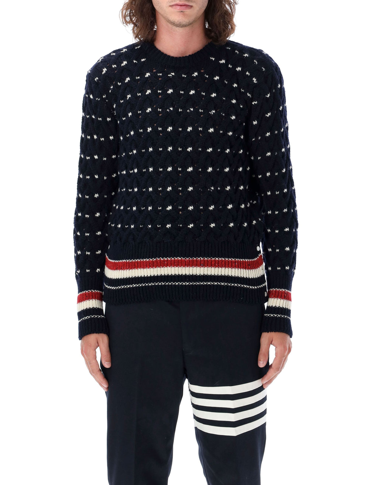 THOM BROWNE Elegant Navy Cable Knit Sweater with Signature Details