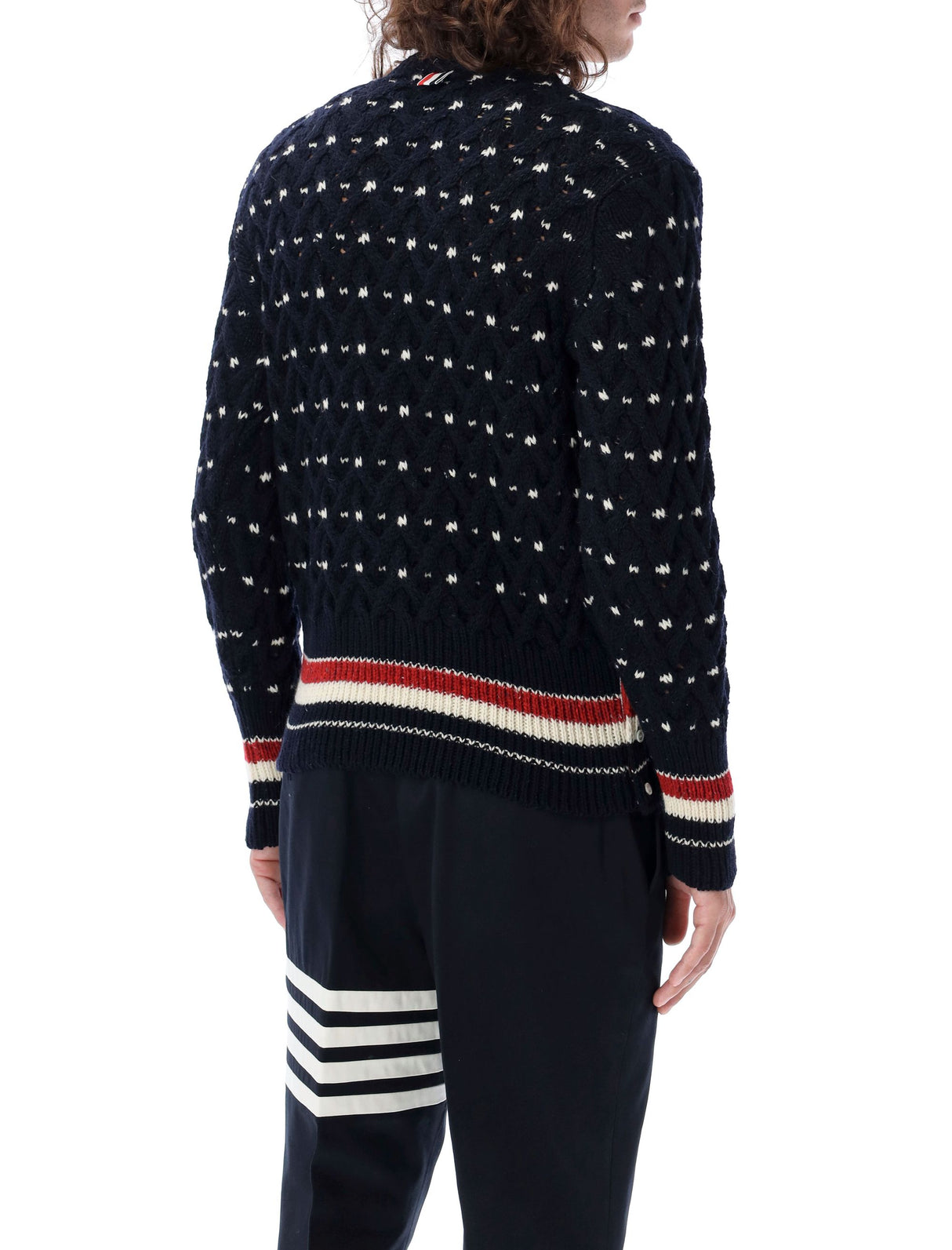 THOM BROWNE Elegant Navy Cable Knit Sweater with Signature Details