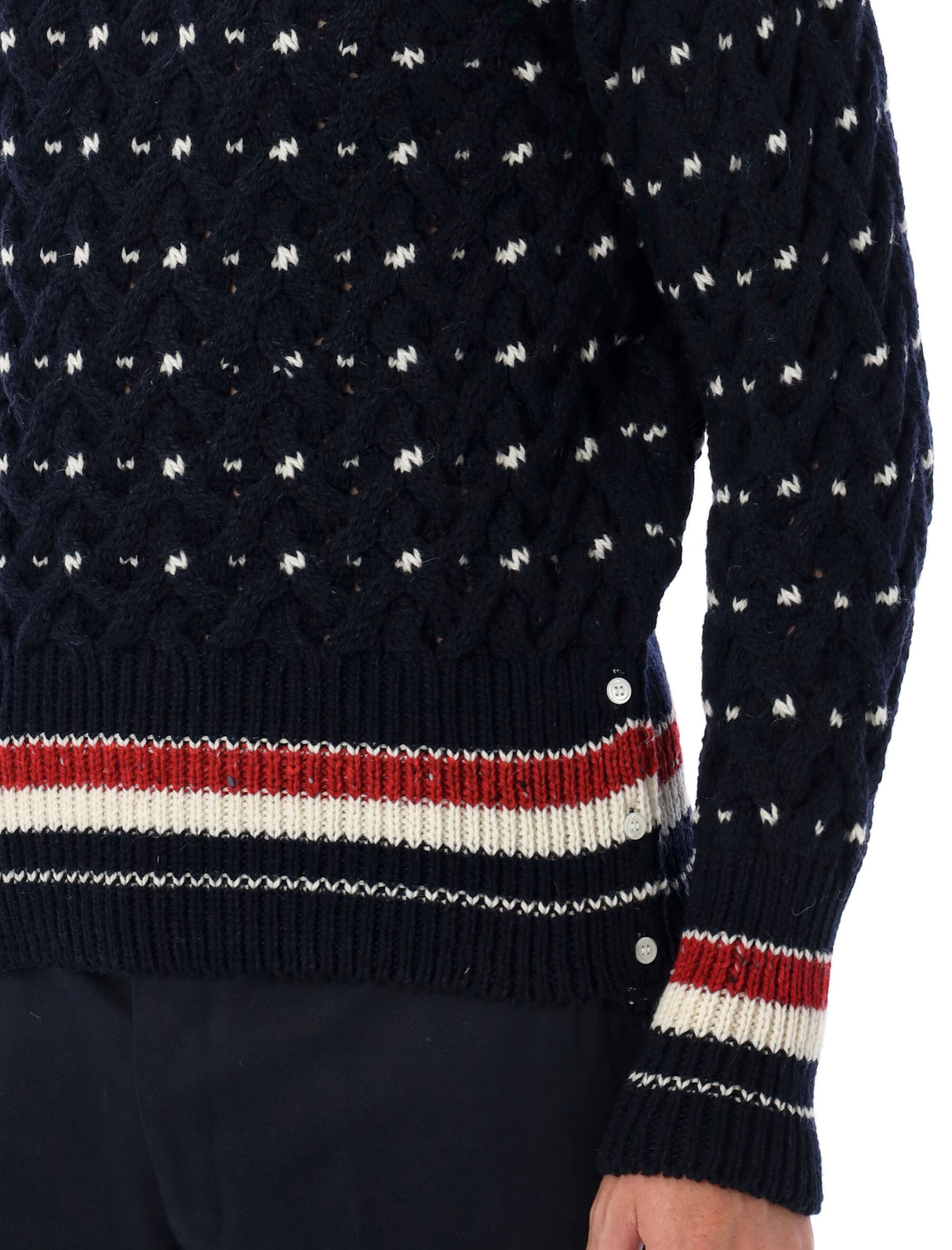 THOM BROWNE Elegant Navy Cable Knit Sweater with Signature Details