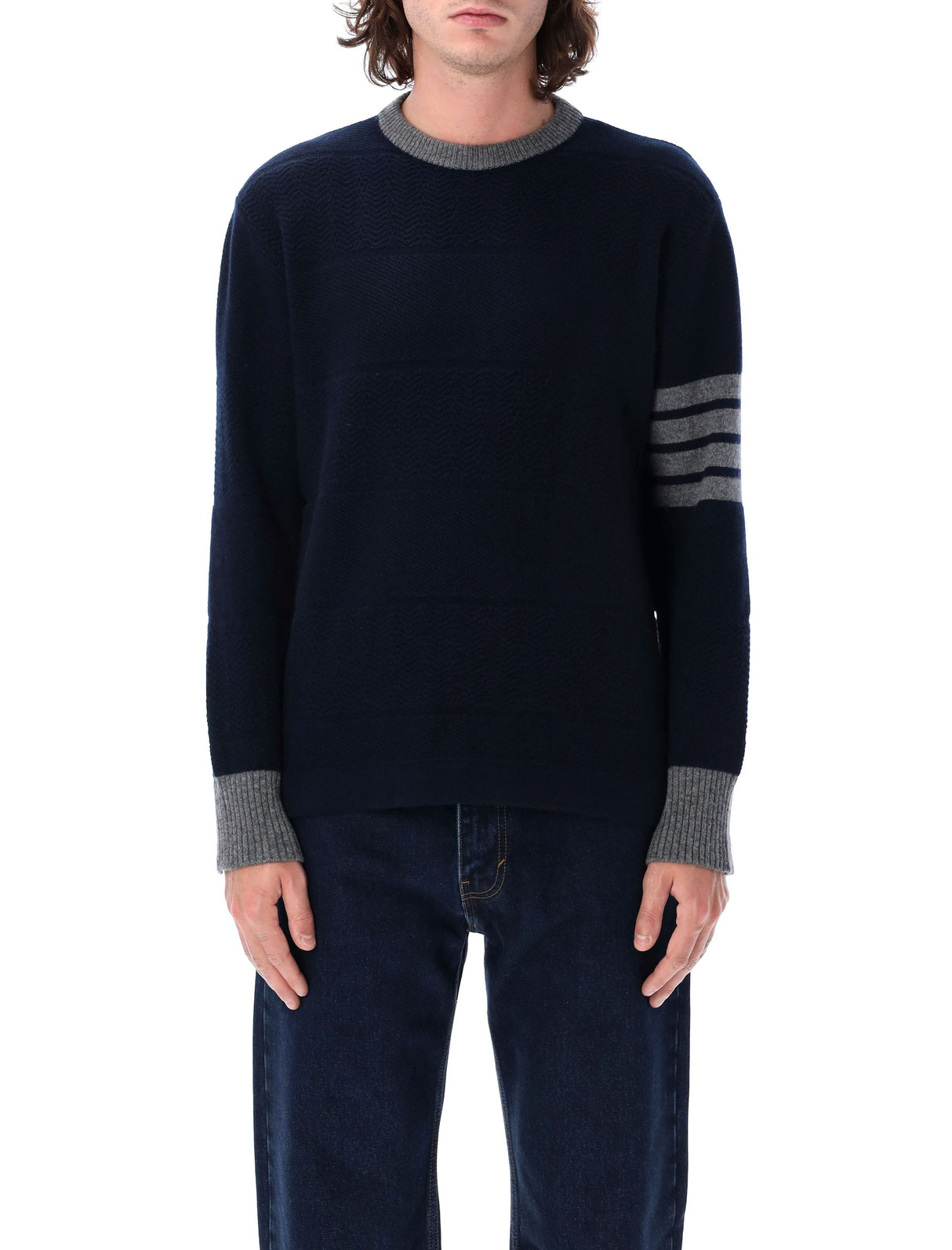 THOM BROWNE Textured Rugby Stripe Crew Neck Sweater - Size 3