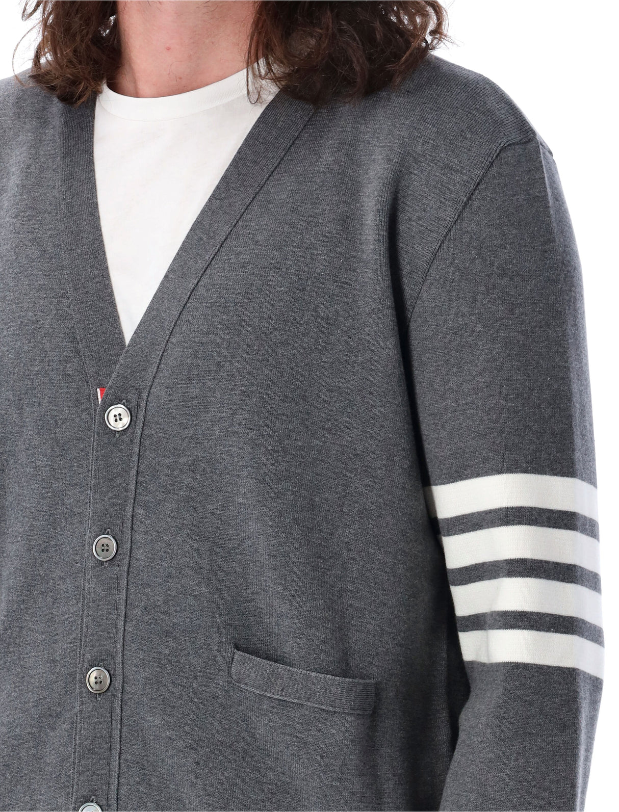 THOM BROWNE Elegant V-Neck Cotton Cardigan with Signature Stripes