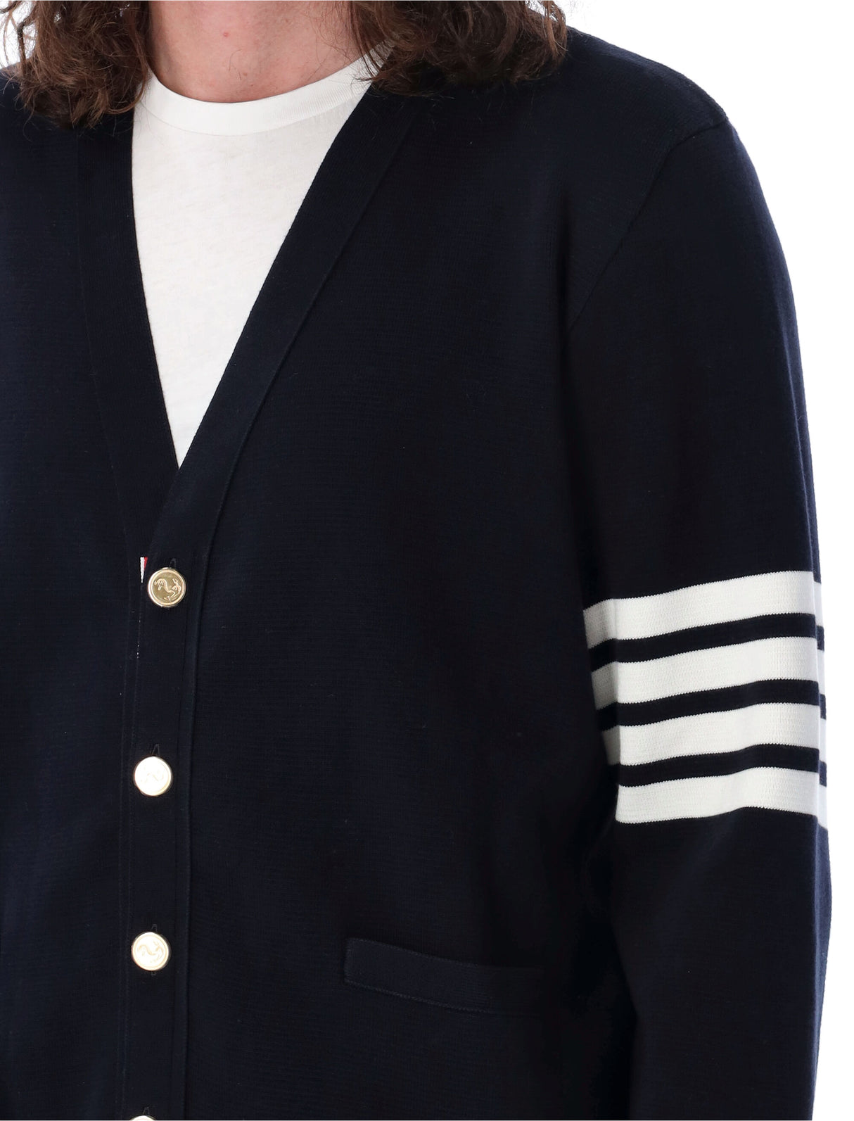 THOM BROWNE Elegant Cotton V-Neigh Cardigan with Signature Stripes