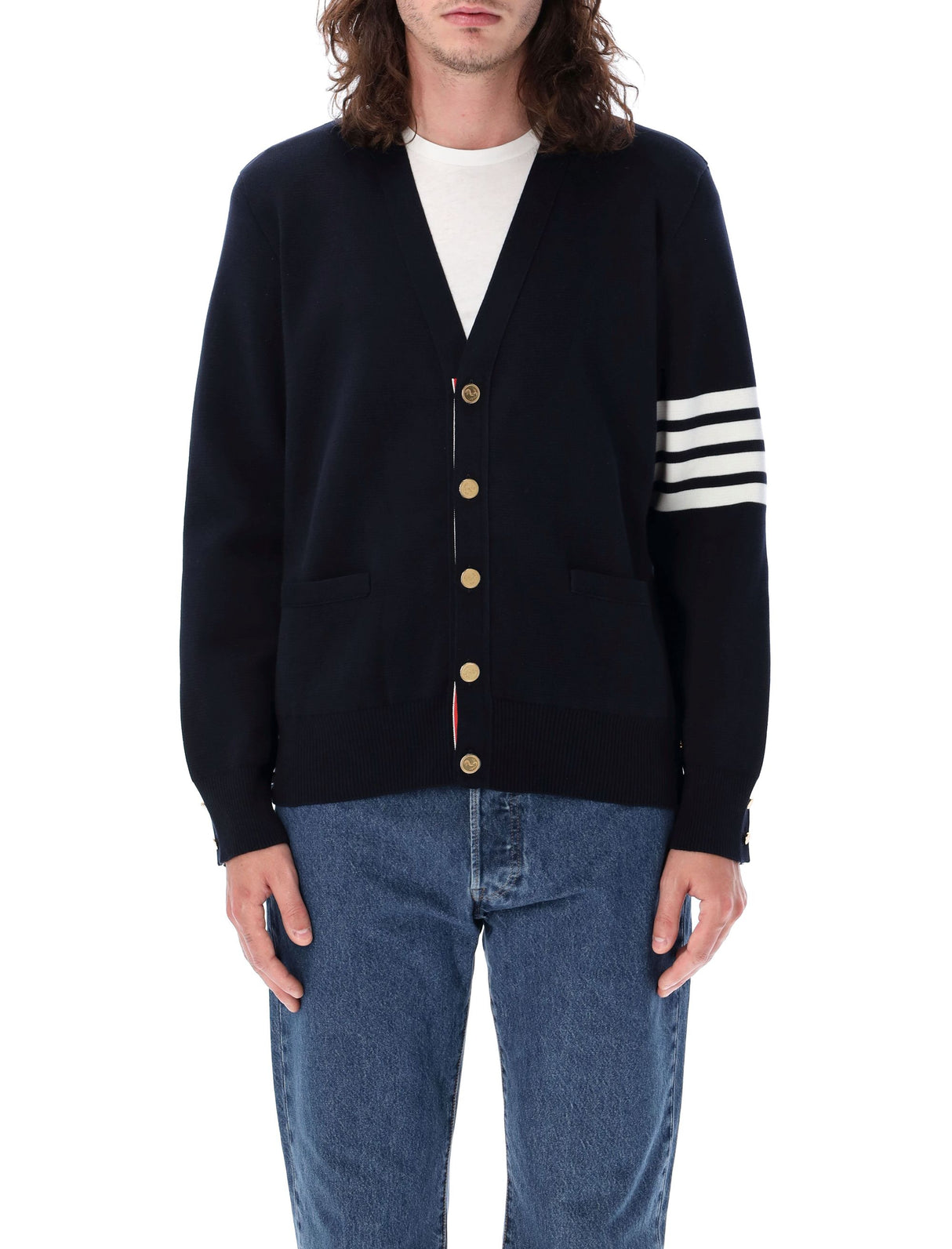 THOM BROWNE Elegant Cotton V-Neigh Cardigan with Signature Stripes